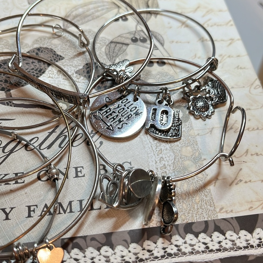 Bangle charm silver tone bracelet lot, 26 total